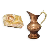 Lot copper pitcher and marble ashtray