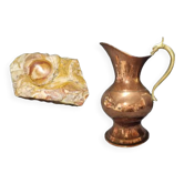 Lot copper pitcher and marble ashtray