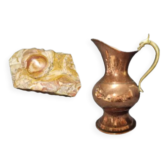 Lot copper pitcher and marble ashtray