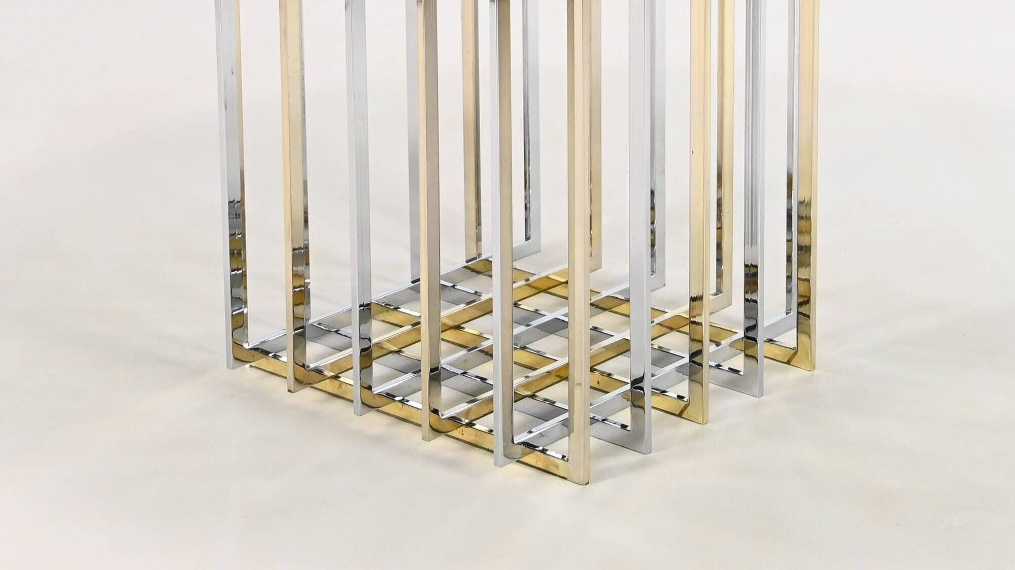 Pierre cardin, “cage” dining table, chrome and gilded steel. france, circa 1970.