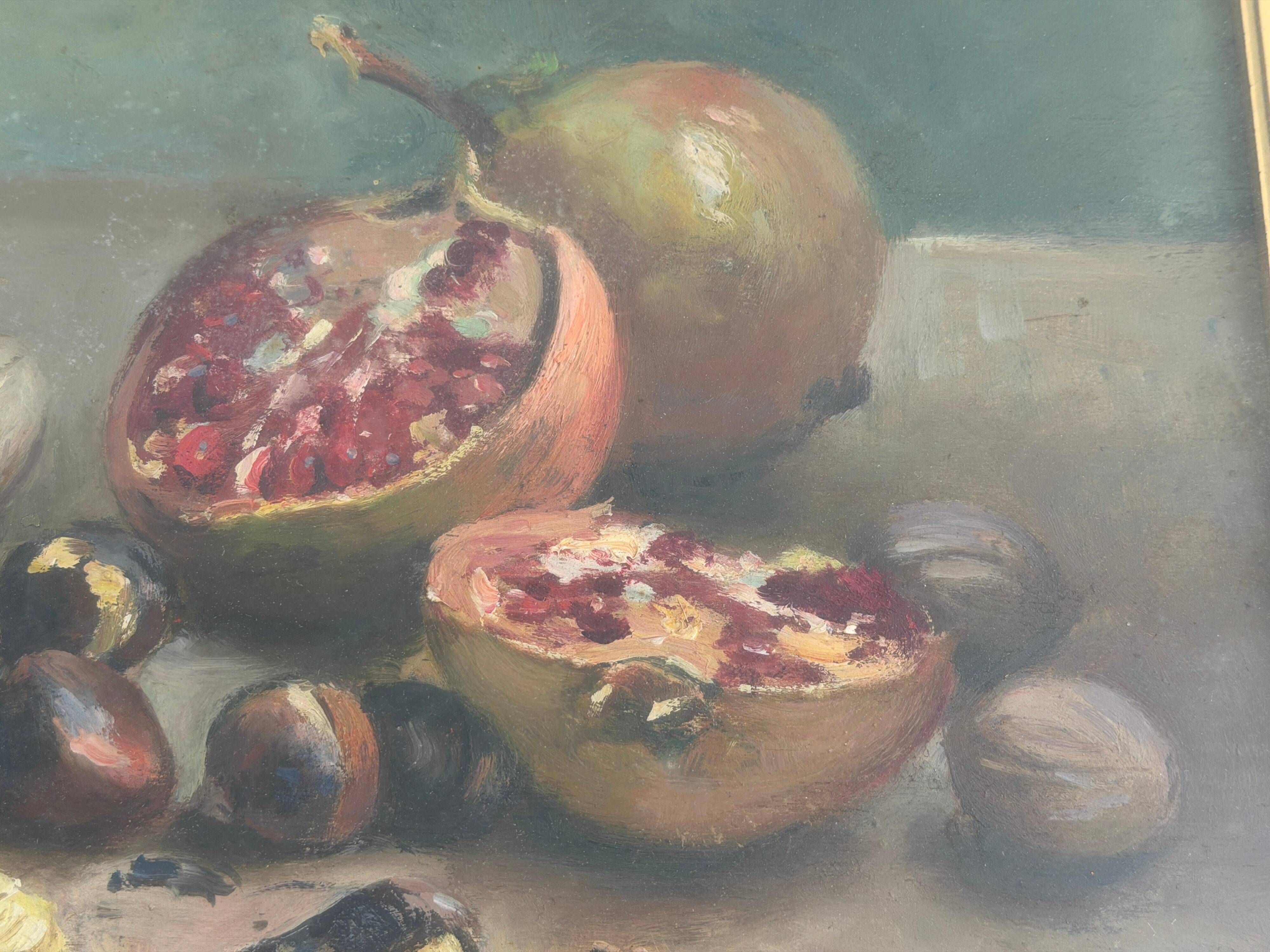 Still life with pomegranates and walnuts Oil painting on canvas signed, 1967, Italy