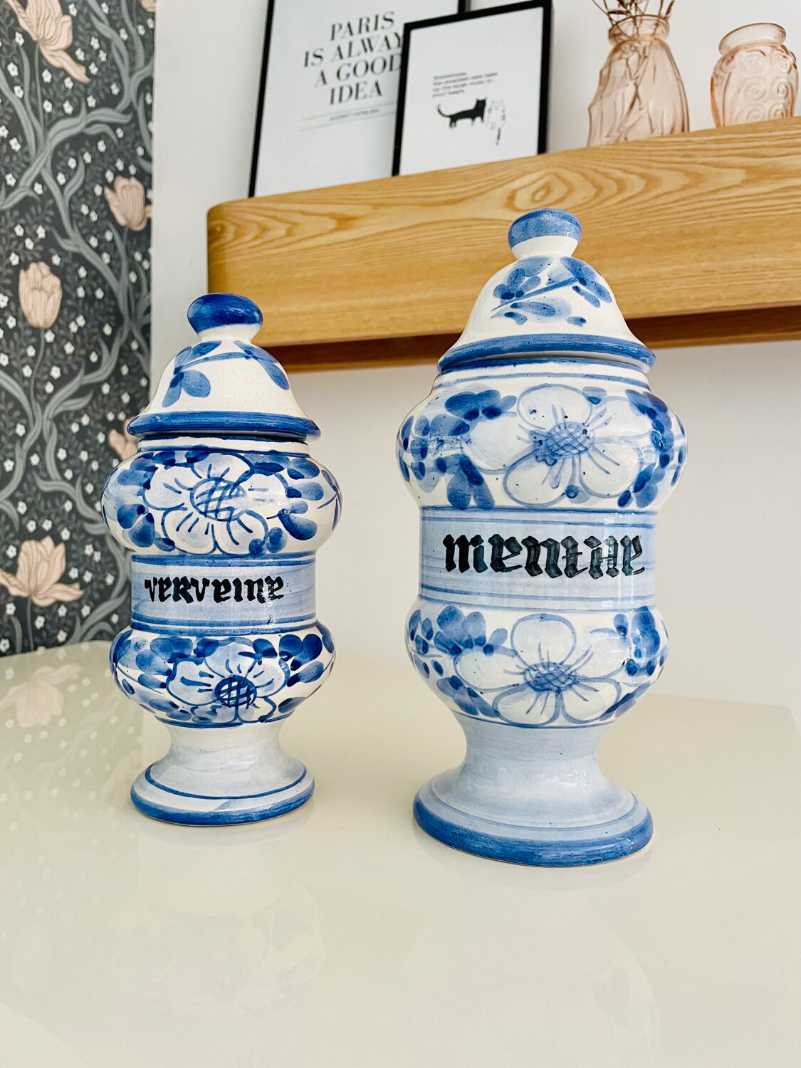 Set of two vintage painted ceramic apothecary pots