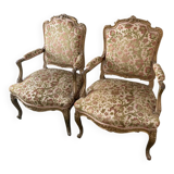 Pair of LOUIS XV style armchairs with gilded and floral tapestry