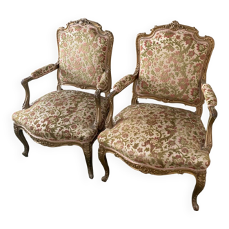 Pair of LOUIS XV style armchairs with gilded and floral tapestry