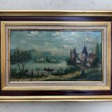 Animated landscape on the edge of a mountain lake, oil on canvas, painting from 19th century