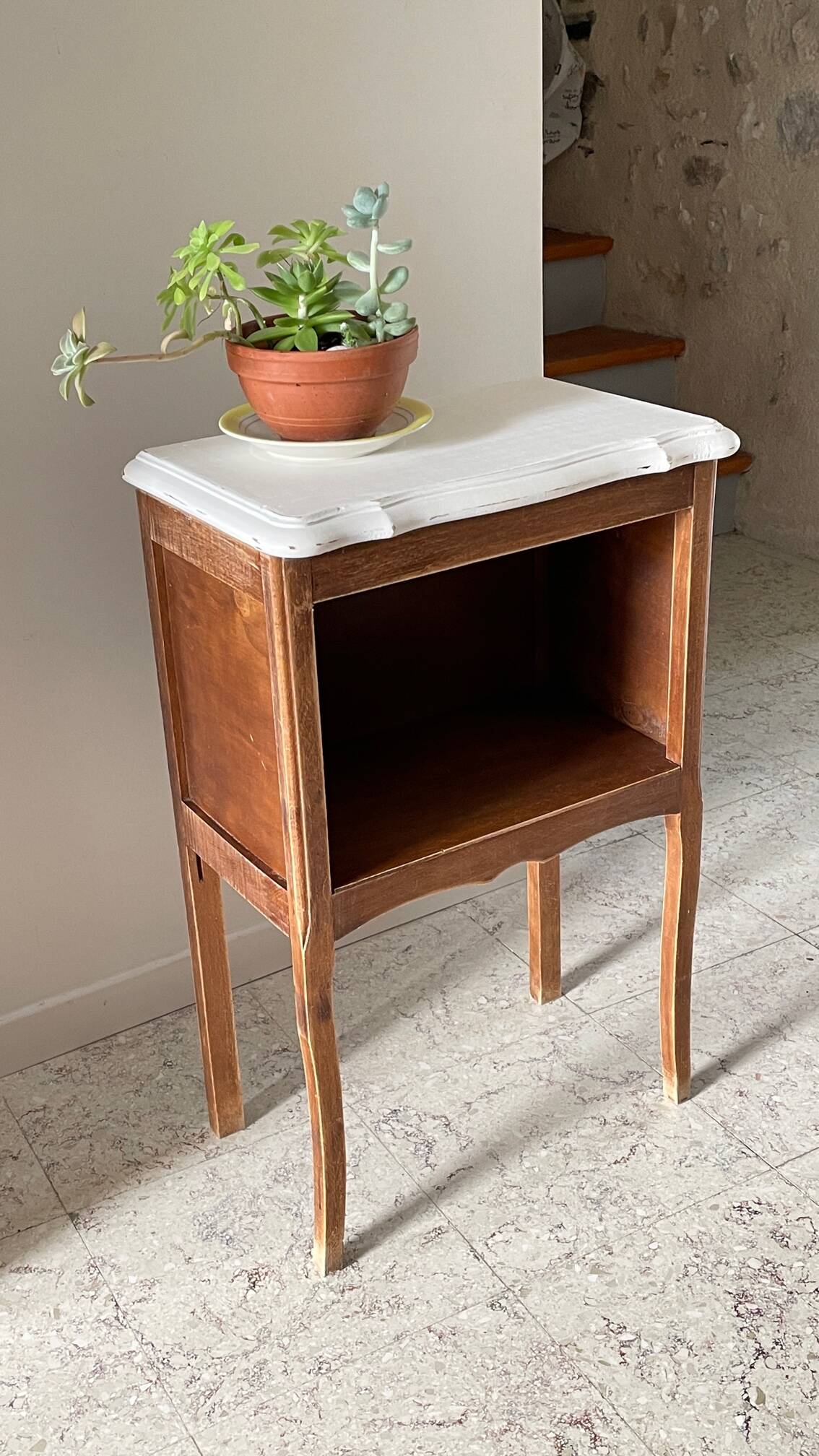 Vintage white and wood bedside table