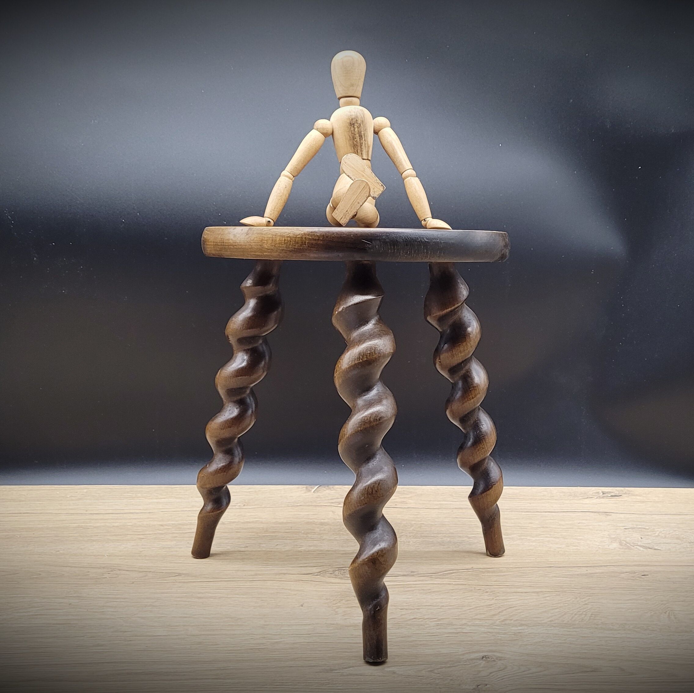 Turned wood tripod stool