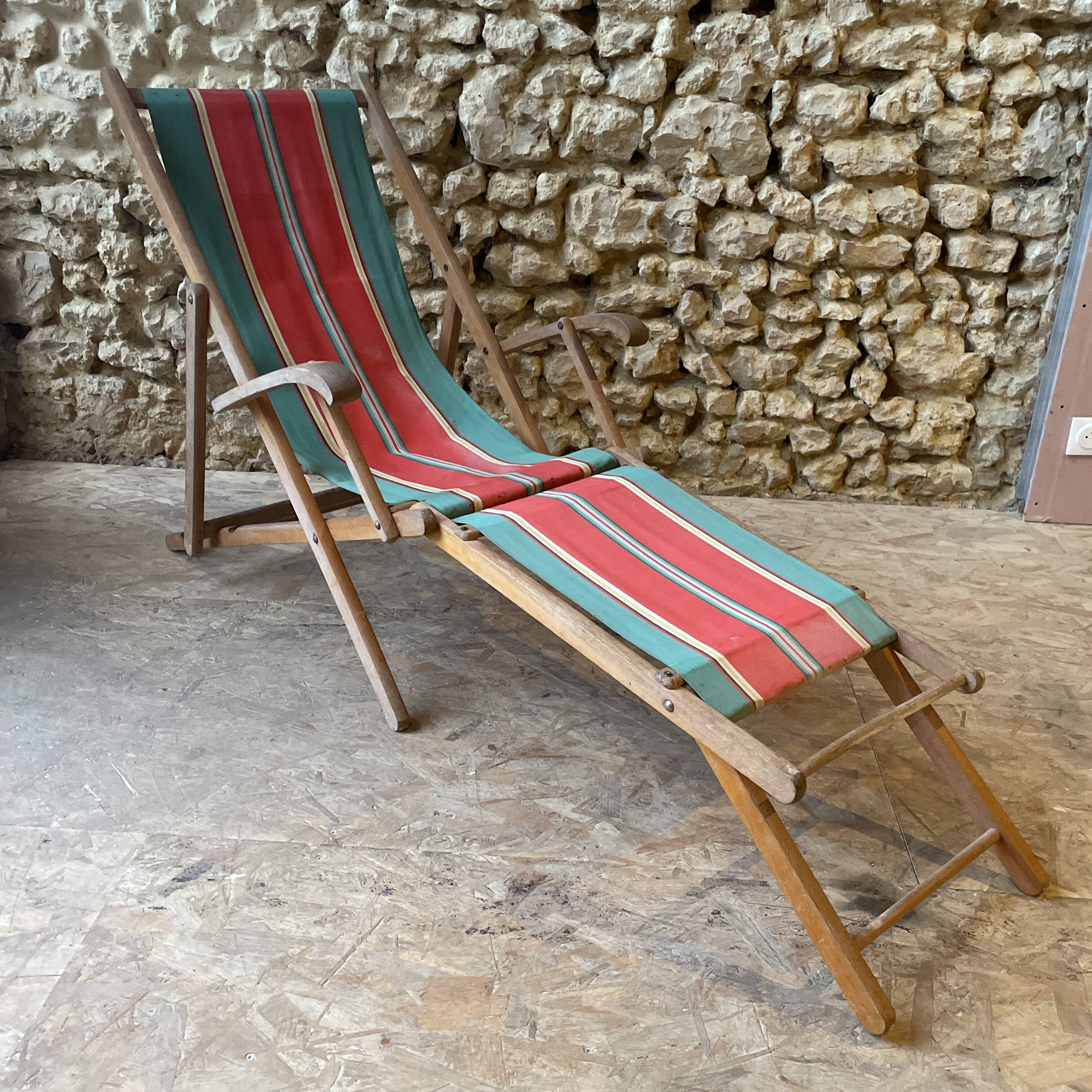 Red and green striped wooden deckchair