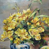 Jhane JONCHERY (19th~20th century) "Still life with flowers and fruits: peaches, grapes, plums"