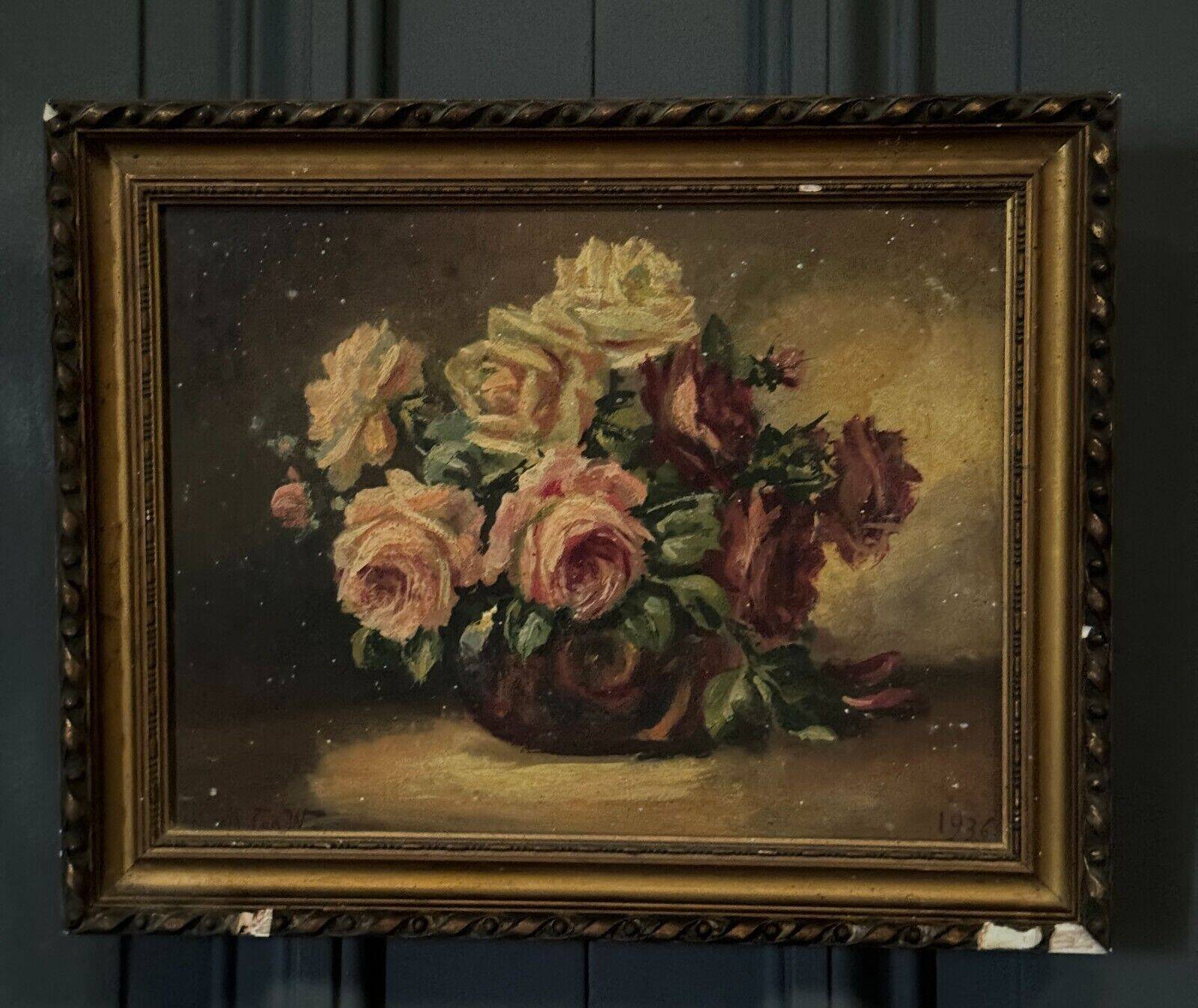 Oil on panel signed still life bouquet of roses 1936
