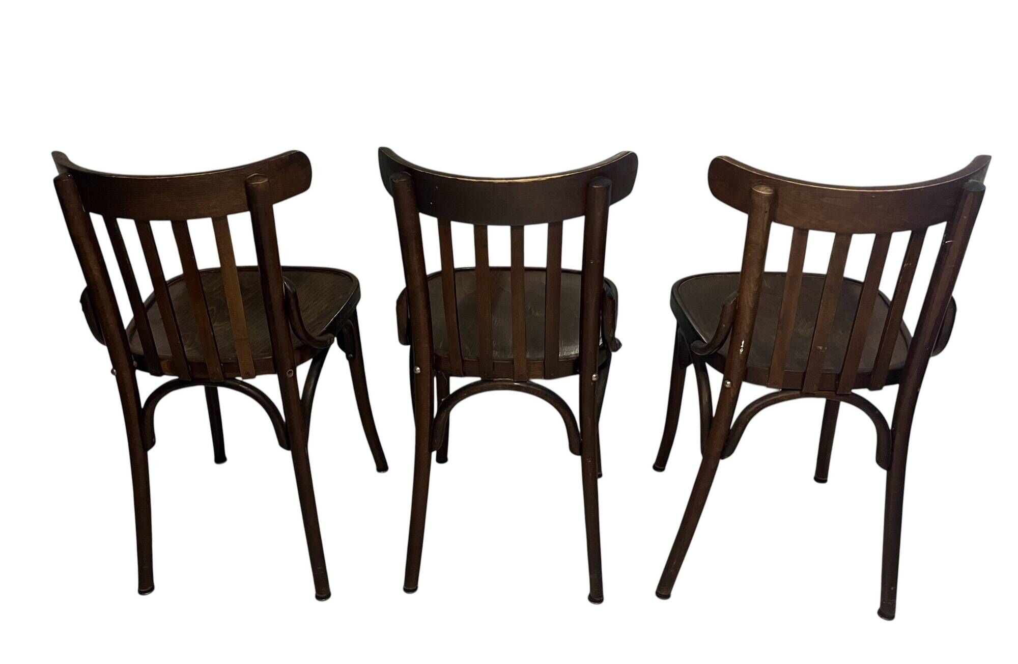 Set of 3 vintage wooden bistro chairs from around 1950.