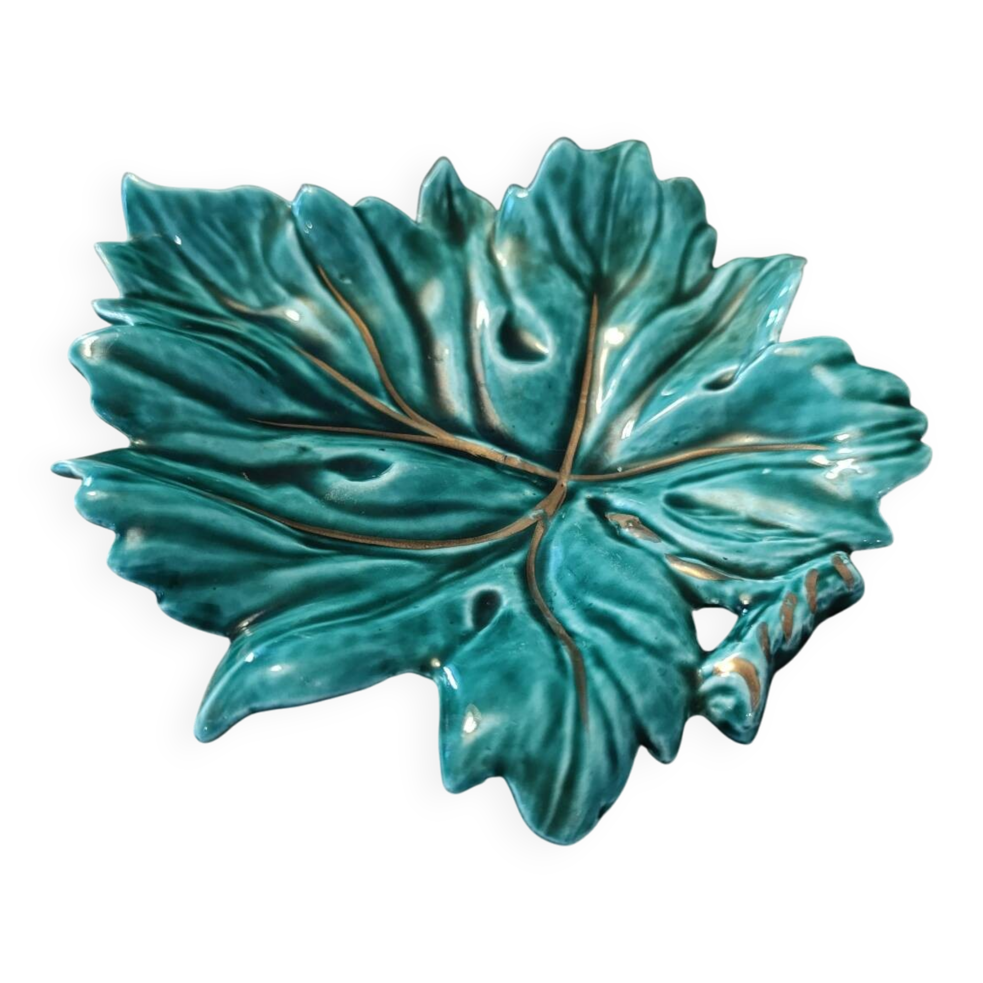 Vintage Digoin Barbotine Grape Leaf Trinket Dish