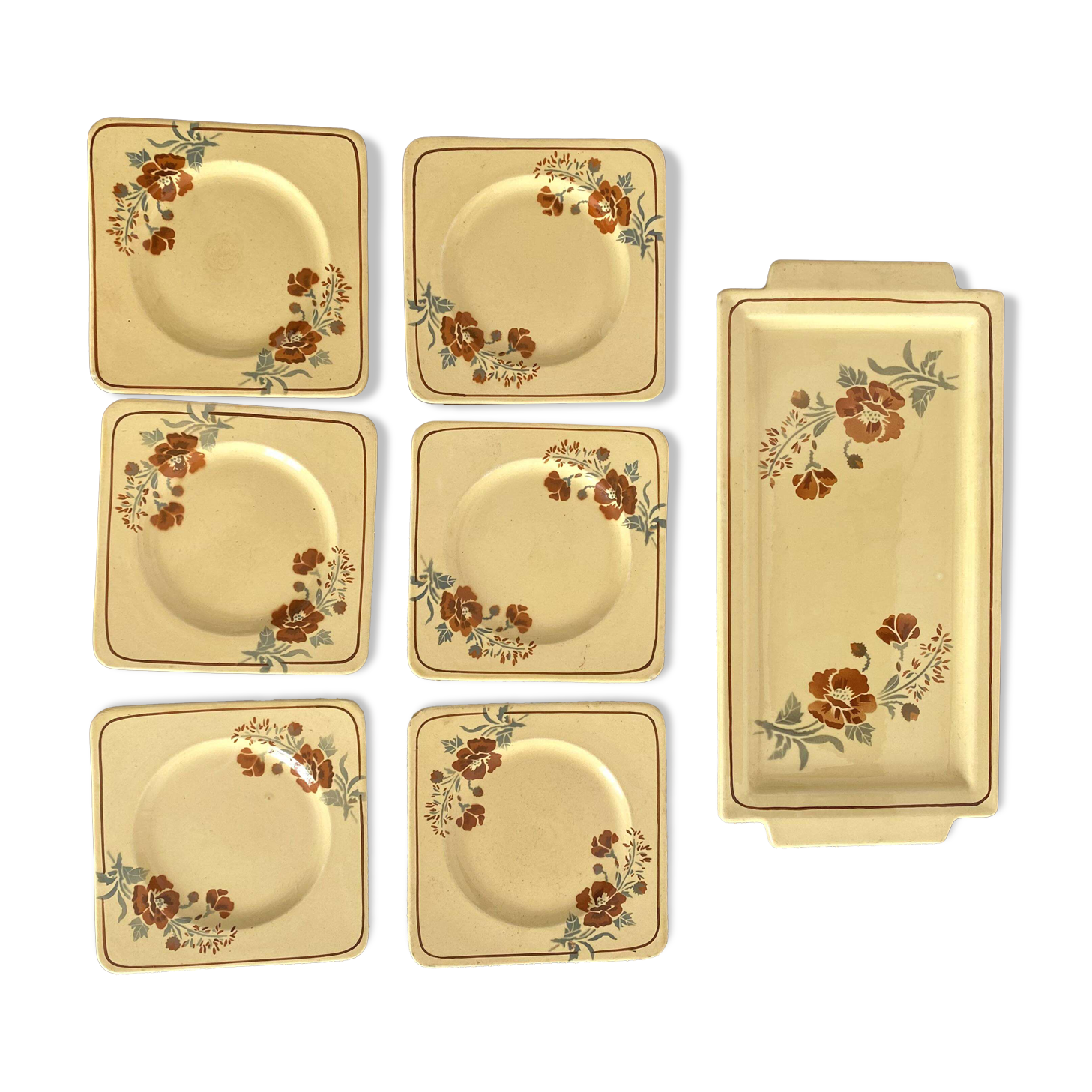 Square dessert plates and cake dish, Pexonne, 1940s-1950s