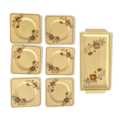 Assiettes à dessert carrées et plat à cake Pexonne, années 40- 50