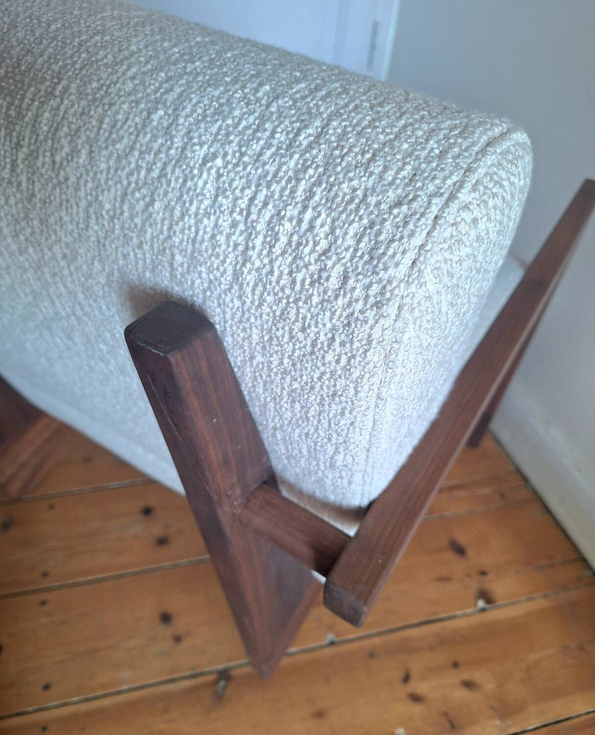 Izag ampm armchair, solid walnut and ecru-colored bouclette, designer seat