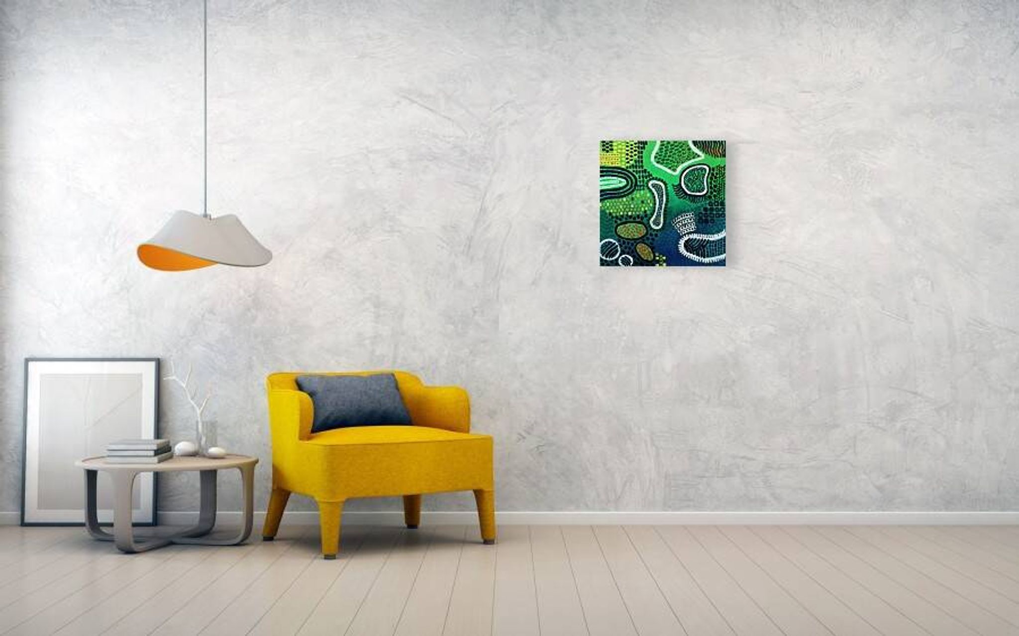 Peinture abstraite moderne verte, jaune, bleue et blanche avec techniques mixtes