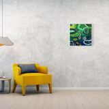 Modern abstract green, yellow, blue and white mixed media painting