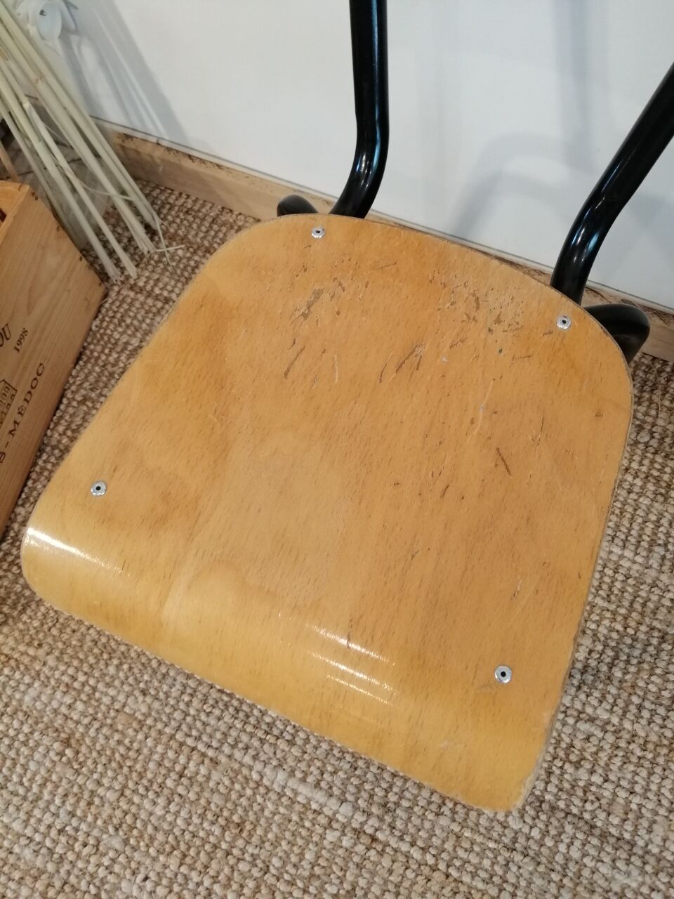 Series of 4 wooden and metal school chairs