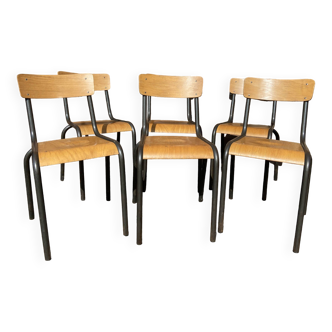 Set of 6 vintage industrial school chairs for communities mullca delagrave tube & wood