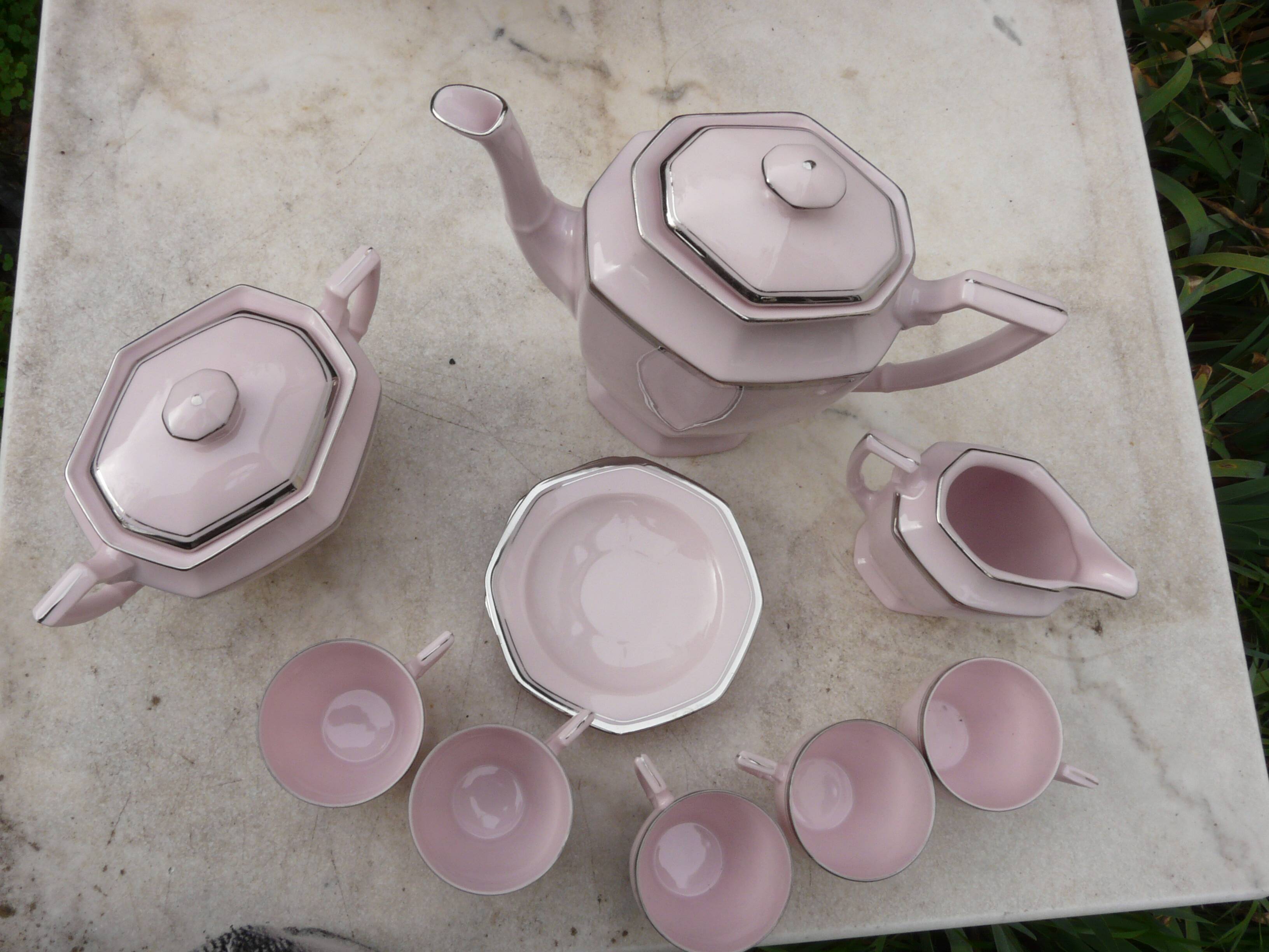 Coffee service, art deco tea, powder pink and silver stamped Czechoslovak porcelain