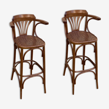 2 wooden bar stools with armrests
