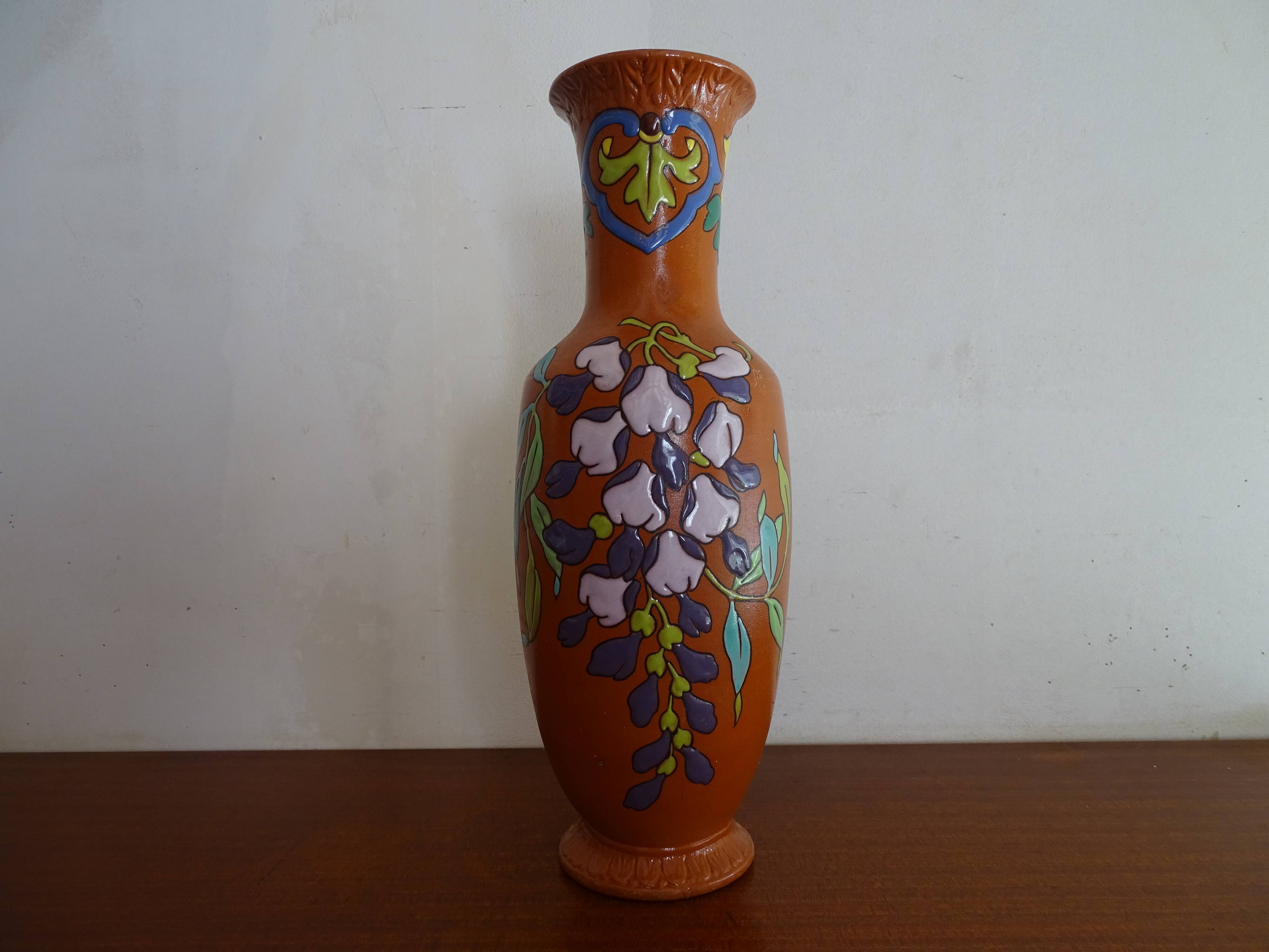 Old Lonchamp iron earth vase polychrome enamels floral decoration - Signed - 36 cm