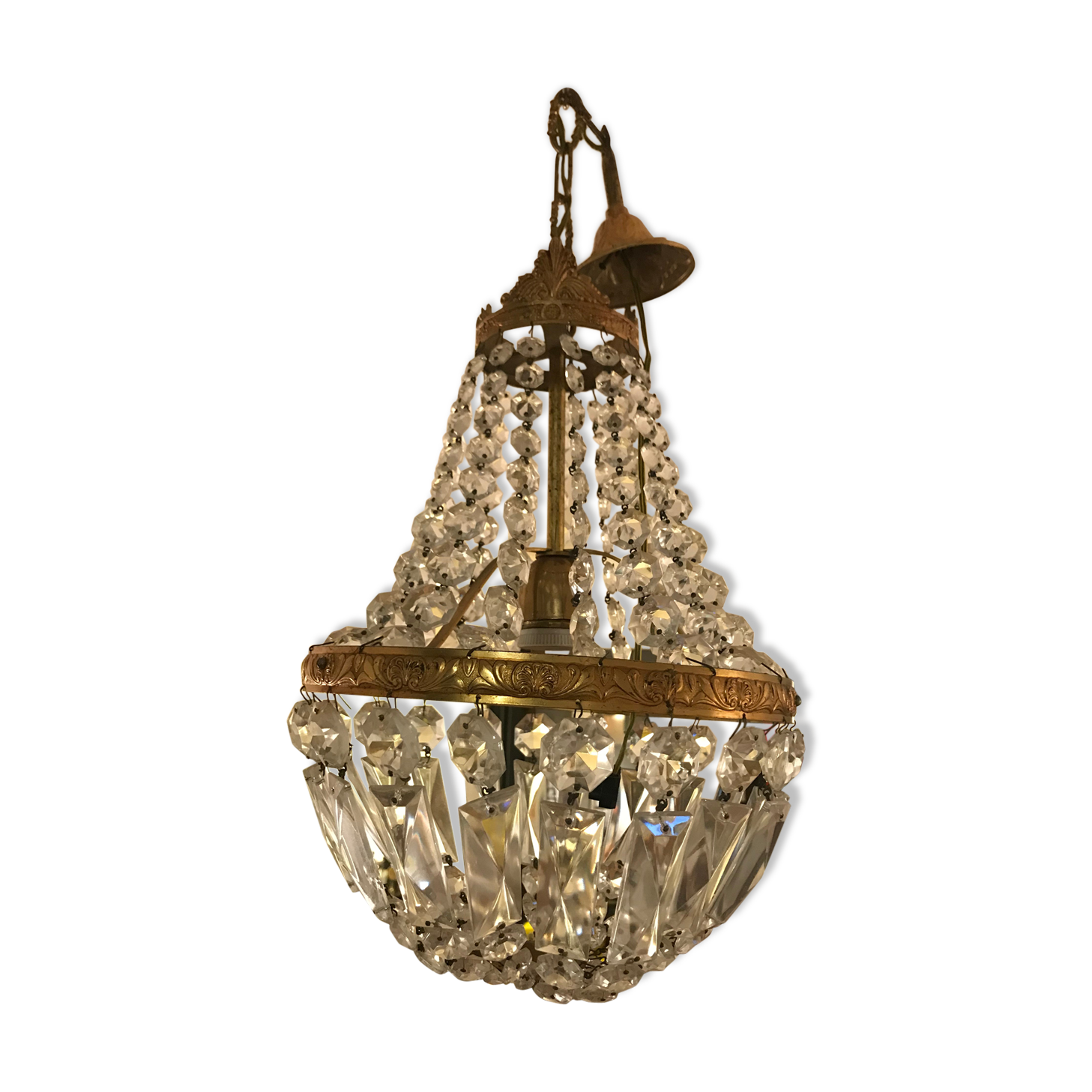 Lustre montgolfière à pampilles laiton et verre