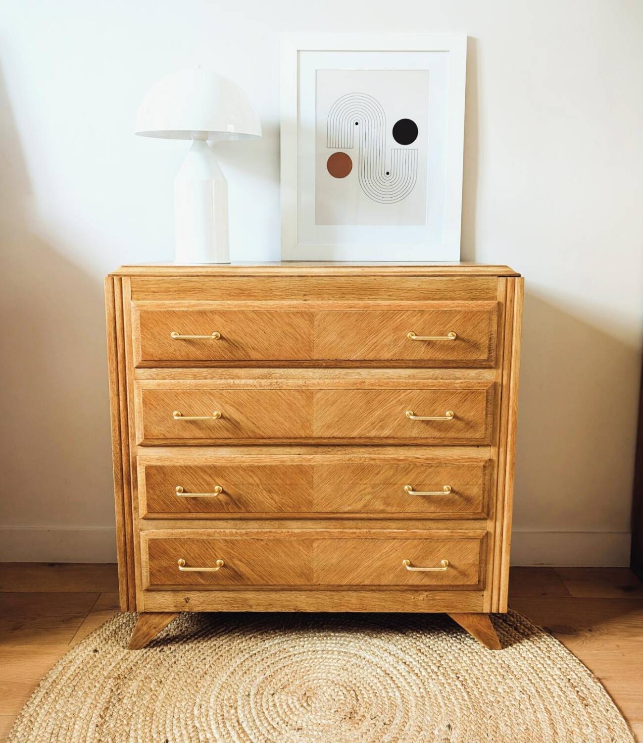 Vintage oak chest of drawers with compass feet