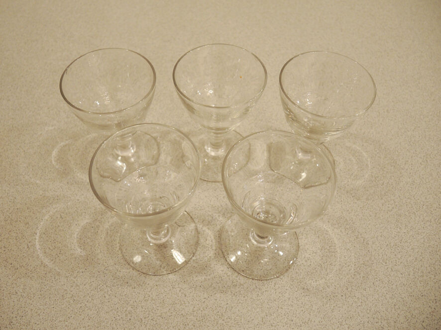5 old art deco style foot glasses