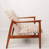 Mid-century modern armchair in coral red jacquard by E. Homa