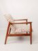 Mid-century modern armchair in coral red jacquard by E. Homa