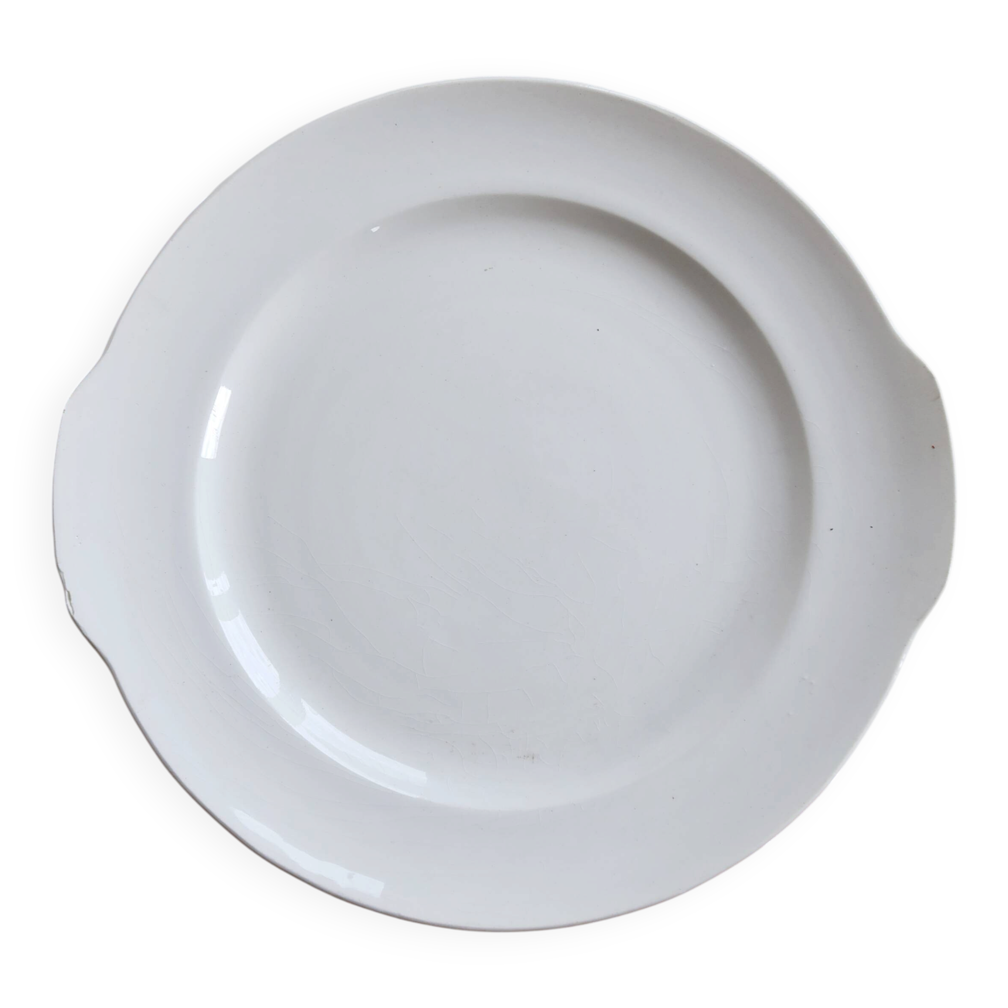 Vintage round white porcelain serving dish with handles.