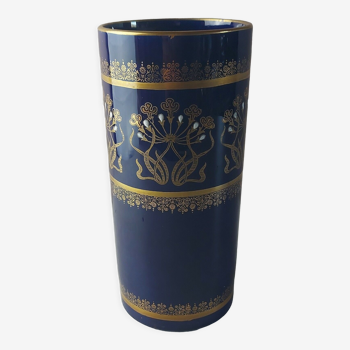 Ancien vase rouleau, bleu, en céramique émaillée, Lunéville napoléon III