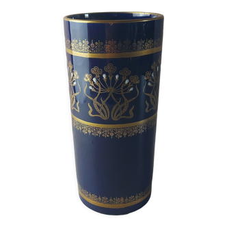 Ancien vase rouleau, bleu, en céramique émaillée, Lunéville napoléon III