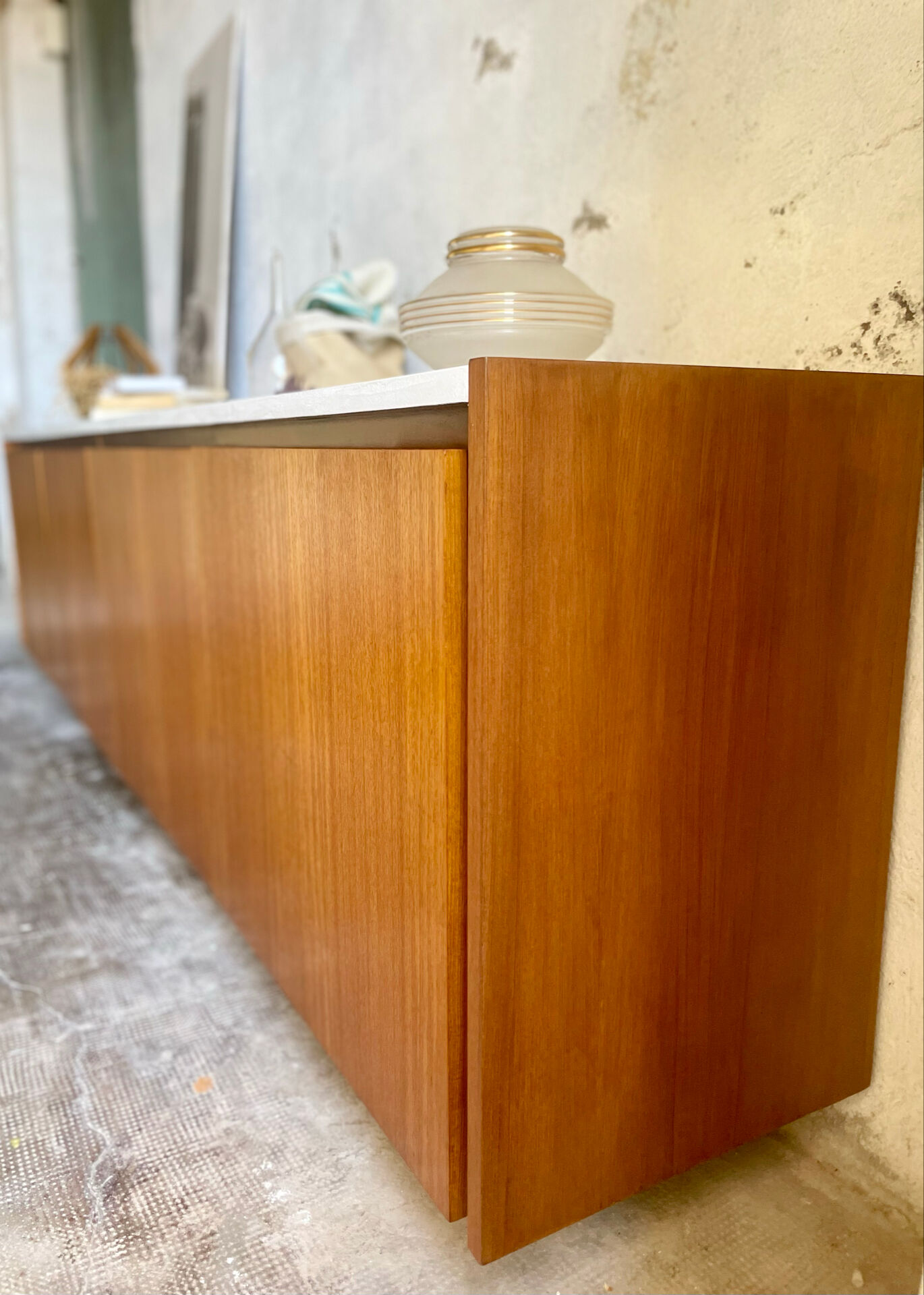 Large vintage sideboard 248 cm – wood & white mineral concrete top –