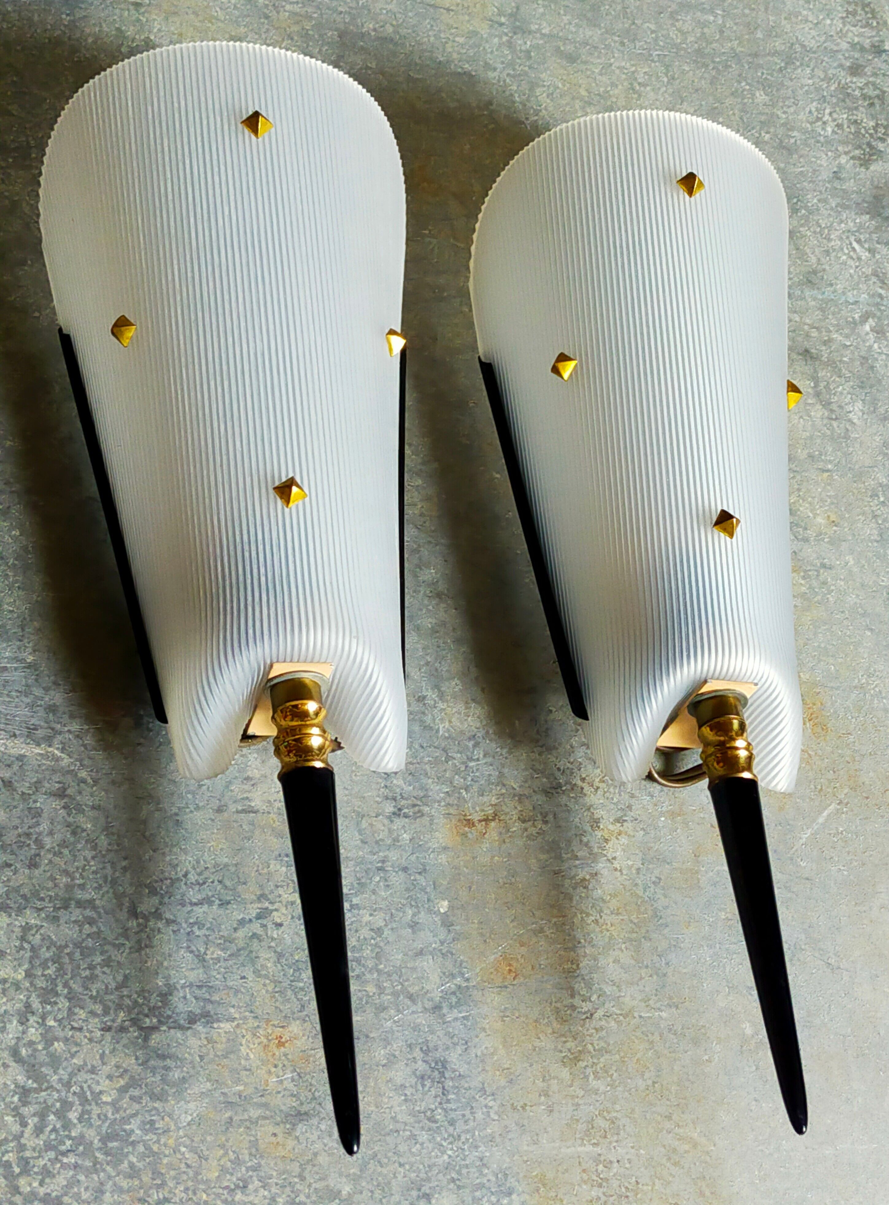 Pair of vintage plexi and bakelite 50s wall lamps