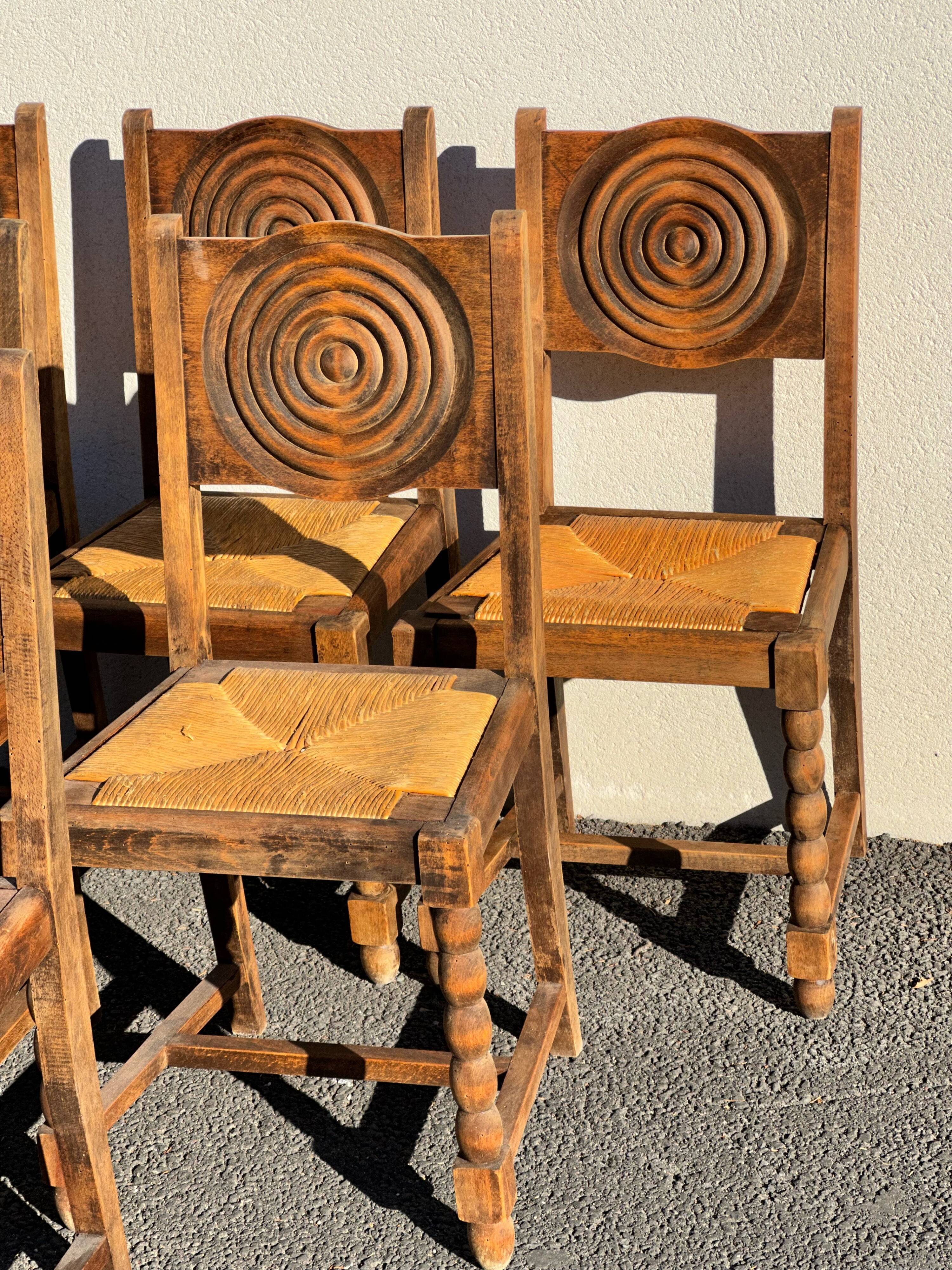 6 rustic style chairs, wood and straw, 1940