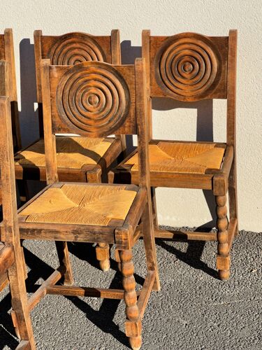 6 chaises de style rustique, bois et paille, 1940
