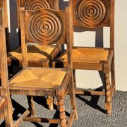 6 rustic style chairs, wood and straw, 1940