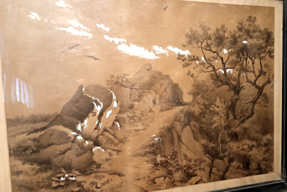 Grande peinture de paysage, techniques mixtes, 19e siècle