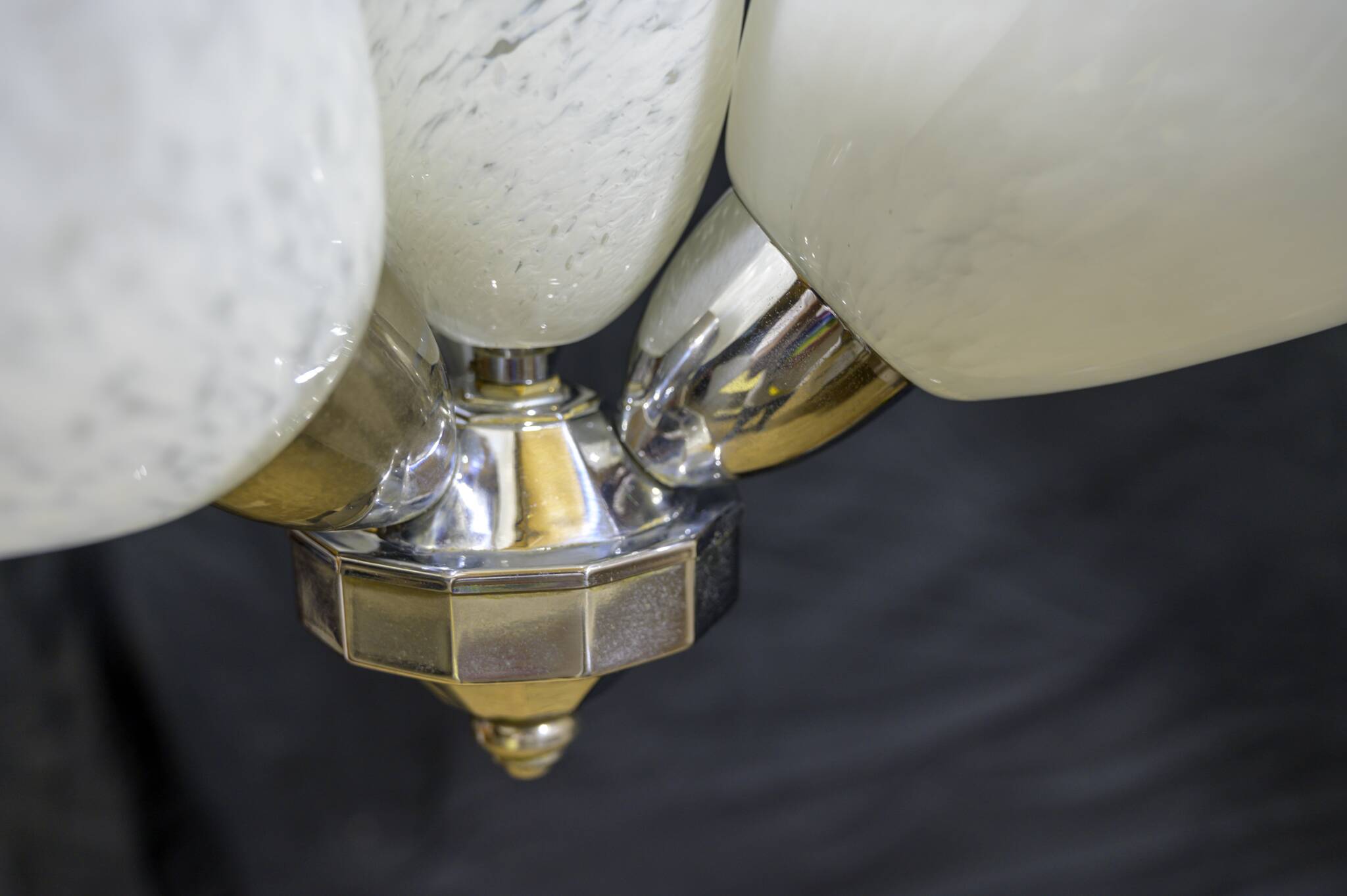 Art Deco chandelier/suspension with 3 domes in mixed glass and chrome metal