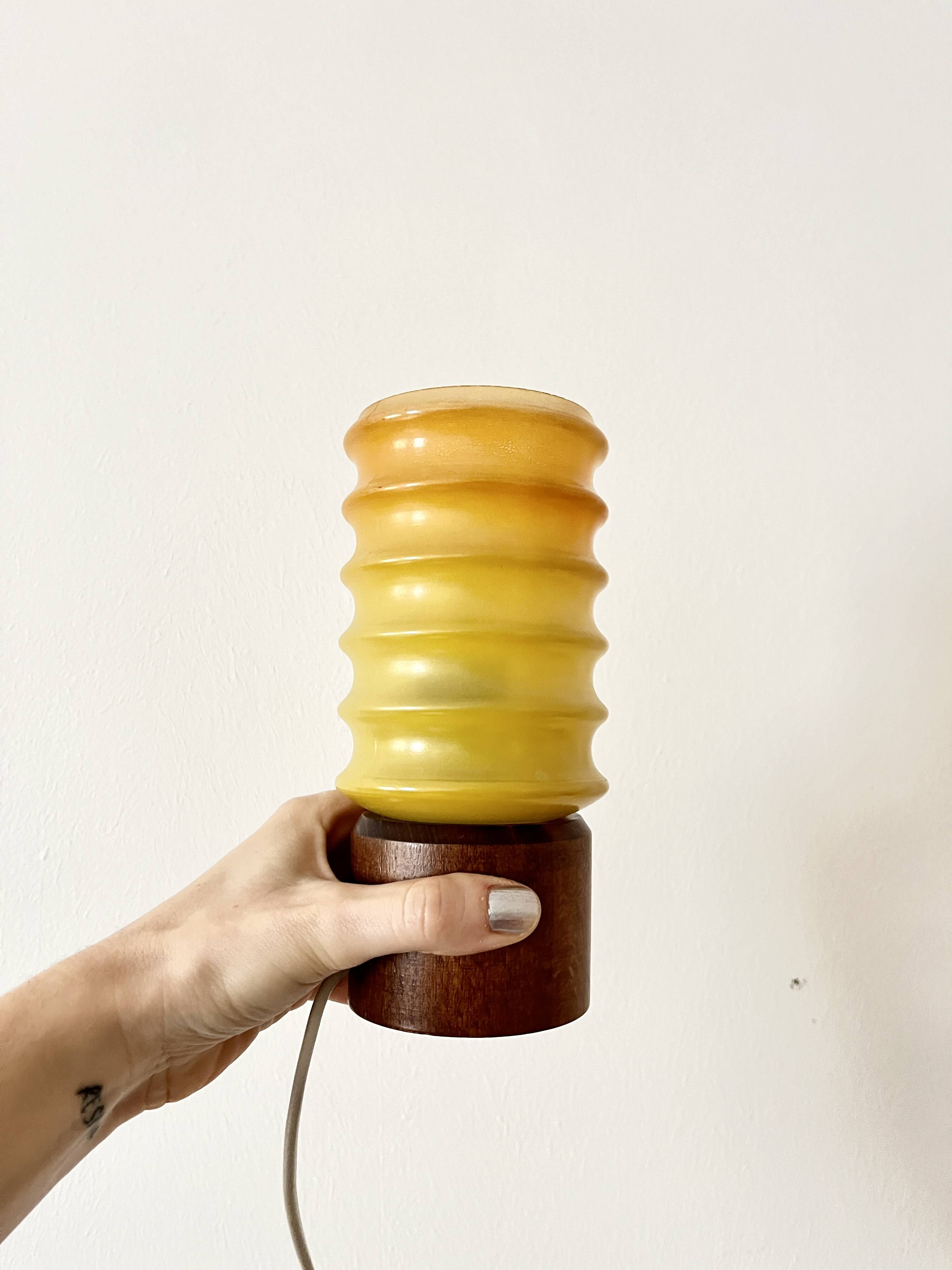 Vintage Bedside Lamp Wood Base & Yellow Orange Glass, VEB Lighting, GDR