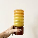 Vintage Bedside Lamp Wood Base & Yellow Orange Glass, VEB Lighting, GDR