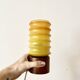 Vintage Bedside Lamp Wood Base & Yellow Orange Glass, VEB Lighting, GDR
