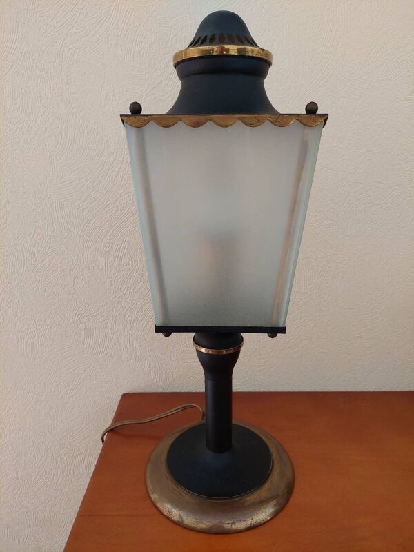 Lampe Arlus en métal noir, laiton et verre vers 1950