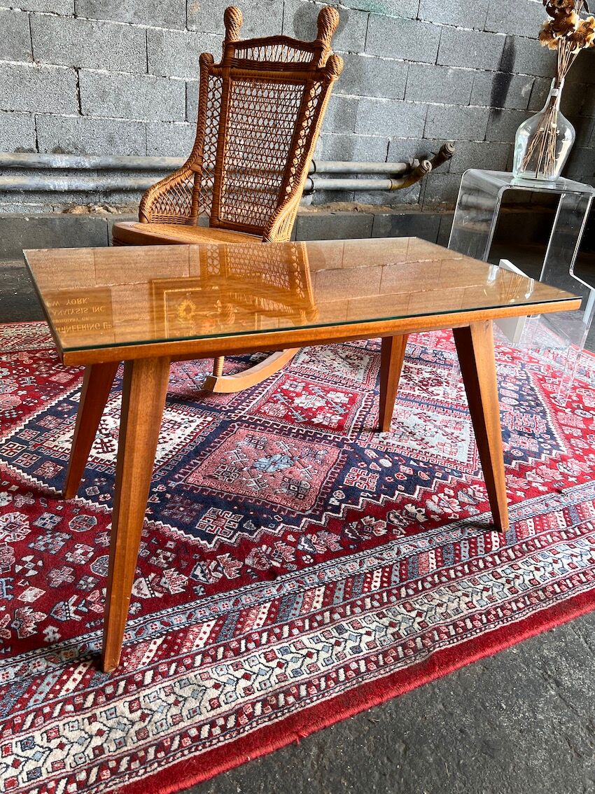 Vintage Scandinavian style teak coffee table with compass legs and glass top - 60s