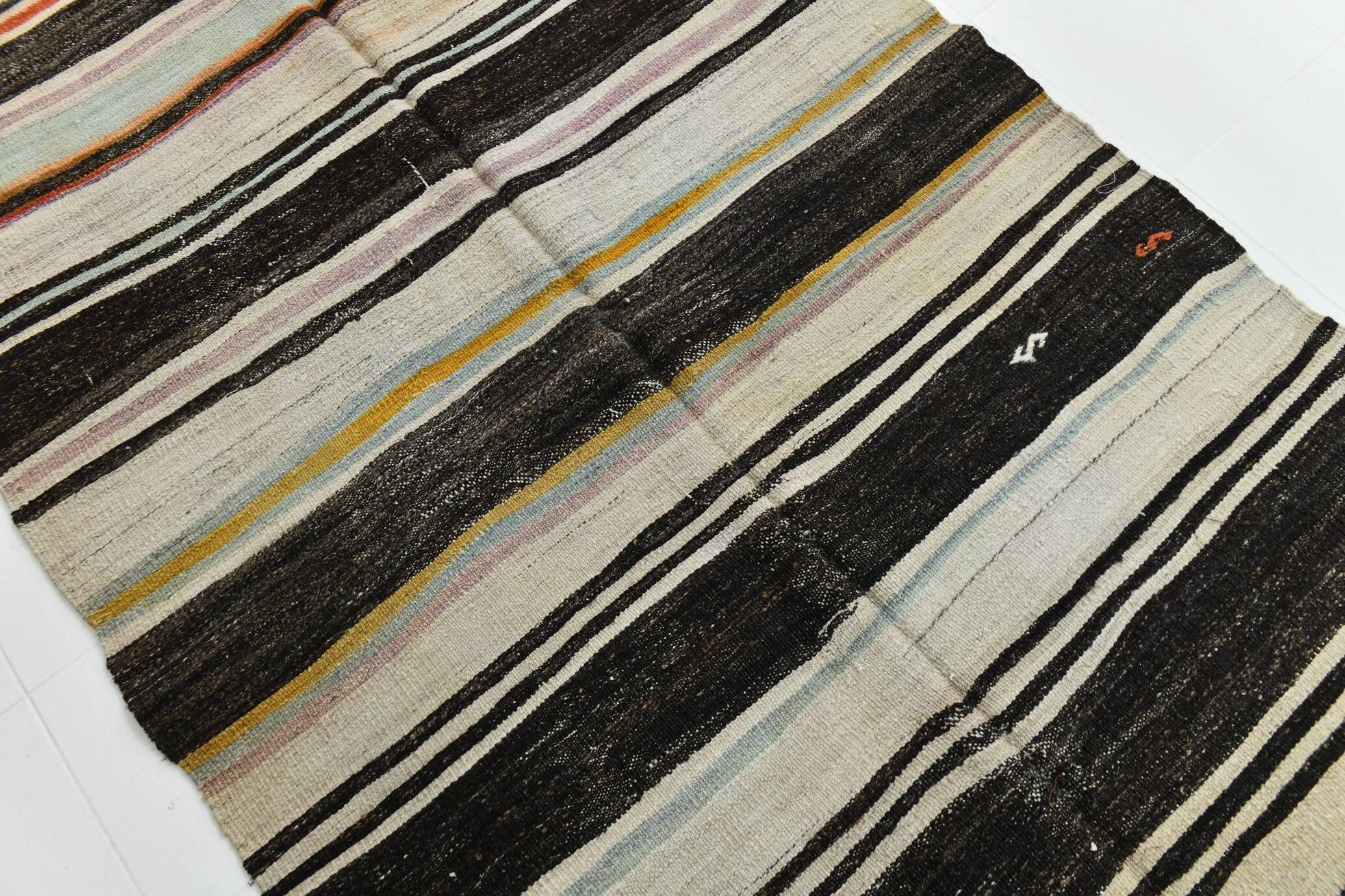 5x9 Cream & Brown Striped Handmade Vintage Kilim Rug, 147x264Cm