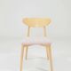 Set of 6 soft pink fabric dining chairs, Scandinavian design, natural wood.