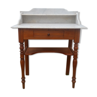 Table de toilette coiffeuse bois et marbre blanc avec retour et tablette