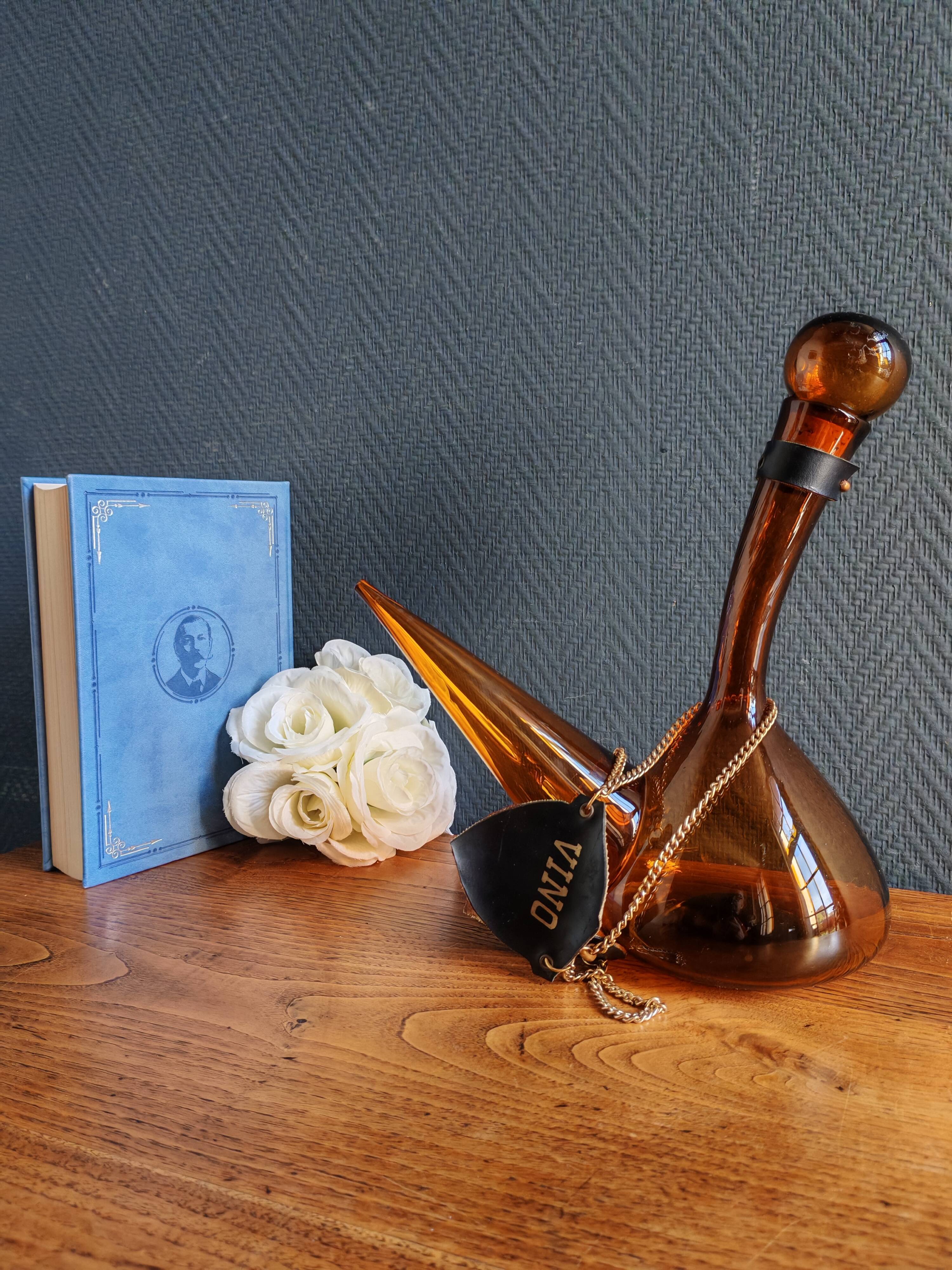 Vintage Amber Glass Wine Carafe - Artisan Decanter in Porron Style